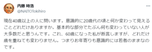 「現在40歳以上の人に問います。意識的に20歳代の頃と何か変わって見えることどれだけありますか。」という60代の方のXでの投稿。